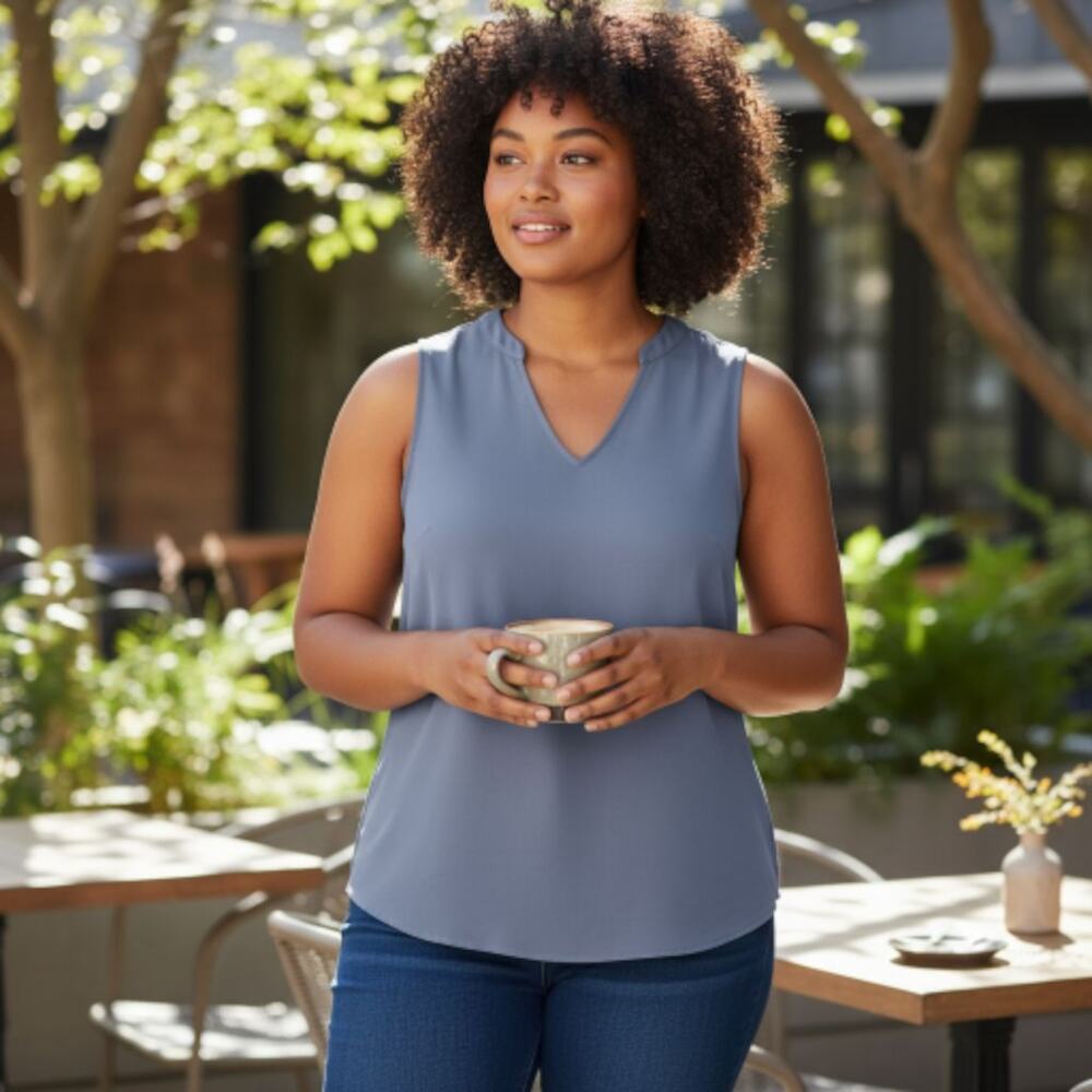 Torrid Blouse – Gray Sleeveless with V-Neckline & Pleated Back Yoke